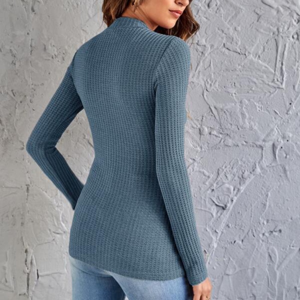 Mustard Yellow Waffle Fitted Basic Mock Neck Top Minimalist - Picture 7 of 15